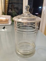 Antik üveg tároló tartó, fedeles,  29 cm