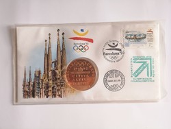 1992. Barcelona - Magyar csapat olimpia emlékérem bélyeges borítékon, elsőnapi bélyegzéssel