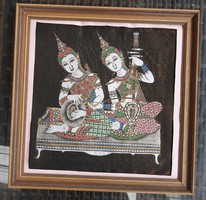 Old painted oriental silk picture: musical gods