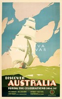 Vitorlás hajó a tengeren hullámok felhős ég Ausztrália utazási hirdetés 1934  Vintage reklám reprint