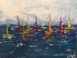 Awaiting Regatta - Sailboats, abstract painting, original, direct from the artist