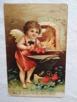 Antik, litho/litográfiás, dombornyomott képeslap/üdvözlőlap angyal, szív 1906-ból