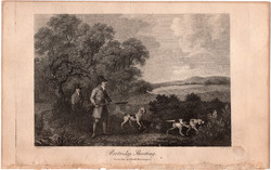Fogoly vadászat, rézmetszet 1805, metszet, eredeti, 10 x 15, vadász, állat, vad, kutya, madár