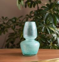 Retro karcagi (berekfürdői) fátyolüveg váza - ritka formájú türkiz kék repesztett üveg