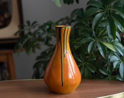 Retro kerámia váza - narancssárga alapon zöld folyatott mázzal (Mihály műhely)