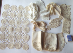 Régi kézimunka csomag kreatív felhasználásra,baba ruha készítéshez: polccsík, csipke,madeira szegély