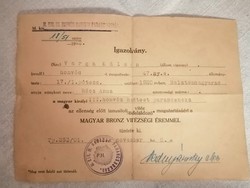 Magyar bronz vitézségi érem igazolvány a 2.világháborúból