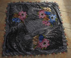 Luxurious silk scarf with a water lily pattern with crocheted decorations on the edges