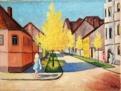 László Vigh: Szeged, Arany János Street, circa 1960 - oil on canvas painting