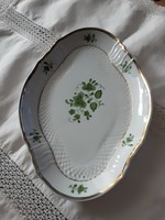 Hollóház hand-painted porcelain serving, erika with green-gold decor, original, marked, flawless
