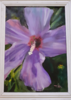 Mályvacserje NAGY MÉRET! olaj-vászon kerettel 80x60 cm - hibiszkusz, lila virágkép ("TINA")