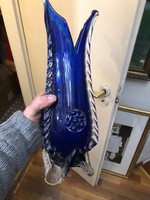 Cseh régi üveg váza, kék, díszítéssel, 32 cm-es.magasságú