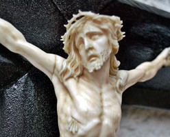 3. IGAZOLÁSSAL! Antik, CSONT Jézus Krisztus (18.5 cm hatalmas méretek!)  41 cm-es feszület, impozáns