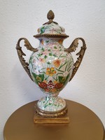 Painted urn vase with copper applications