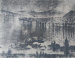 KÓRUSZ JÓZSEF: Dunakanyar, 1967 (rézkarc 24x30 cm, kerettel) tájkép, panoráma, folyó, természet