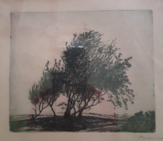 BARCSAY JENŐ: Fák (rézkarc 16x19 cm+keret) tájkép, természet (Vaszary János, Rudnay Gulya tanítványa