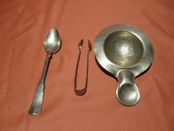 Old alpaca kitchen utensils, tea spoon, sugar tongs, tea strainer