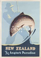 Horgászat, ugró hal, pisztráng, horgászbot, Új-Zéland 1950 Vintage/antik plakát reprint