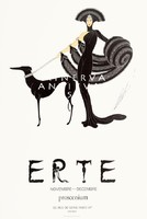 Francia art deco divat kép, hölgy, kutya, kalap, estélyi, boa, Erté. Vintage/antik plakát reprint