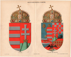 Magyarország címere, színes nyomat 1896, címer, magyar, korona, kettős kereszt, közép, eredeti