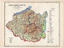 Baranya, Somogy, Tolna vármegye térkép 1935, megye, Révai lexikon, Magyarország, Balaton, Pécs