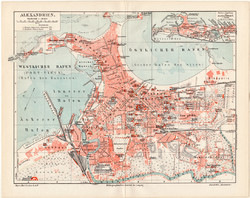 Alexandria térkép 1902, német nyelvű, eredeti, Meyers lexikon, Egyiptom, Afrika, kikötő, tenger
