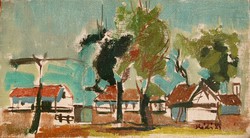 Kádár Tibor (1946-): Alföldi tanyaudvar gémeskúttal, 1984 - olaj-vászon festmény, keretezve