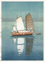 Old Japanese woodcut fishing boat lake boat landscape seascape excellent quality reprint print