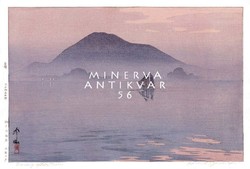 Régi japán fametszet esti tájkép tó vitorlás hajó hegyek köd shin hanga ázsiai keleti reprint nyomat