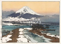Régi japán fametszet Fudzsi havas hegy tájkép tópart tavasz hóolvadás Kitűnő minőségű reprint nyomat