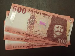 Sorszámkövető 500 forint bankjegy 3 db 2018 EG sor.