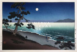 Régi japán fametszet éjszaka tengerpart látkép telihold hullám fenyő Kitűnő minőségű reprint nyomat