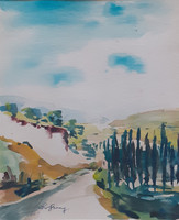 Dombos táj (akvarell 20x25 cm, jelzett, 1969) derűs tájkép, természet 