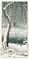 Régi japán fametszet téli táj havas tópart gésa ernyő fűzfa hóesés Kitűnő minőségű reprint nyomat