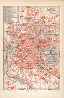 Madrid térkép 1906, színes nyomat, német nyelvű, Meyers, Spanyolország, főváros, Rio Manzanares