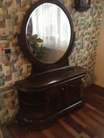 Art deco walnut veneer dressing cabinet with round mirror