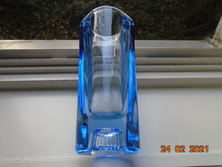 Szecessziós Bohémiai kerek lapos kék üveg váza