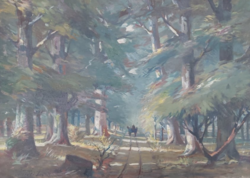 MARÓTI LÁSZLÓ: Erdei út, festménypár, 1956 (olaj-vászon 50x70 cm, kerettel) szekér, malac, természet