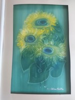 MACSKÁSSY IZOLDA: Csendélet (selyemkollázs, 60x40 cm) napraforgók vázában, virág, kortárs, modern