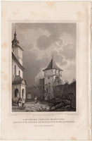 A botfalvai templom Erdélyben, acélmetszet 1864, Hunfalvy, Rohbock, eredeti, metszet, Erdély