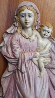 Antik barokk gipsz relief, Mária a kis Jézussal, 38 cm, javított
