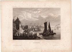 Liverpool, acélmetszet 1839, eredeti, 10 x 15 cm, Anglia, kikötő, angol, hajó, metszet