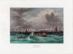 Liverpool, acélmetszet 1862, metszet, Anglia, kikötő, hajó. 11 x 17 cm, metszet, színezett