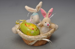 Easter centerpiece, decoration, bunny basket, with hanging egg and bunny.