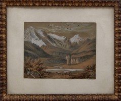 Osztrák festő: Alpesi táj tehénpásztorral , Akvarell festmény