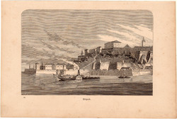 Belgrád, fametszet 1881, eredeti, 11x17 cm, Duna, folyó, folyam, Szerbia, főváros, hajó