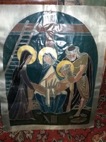 Régi különleges aluminium lapra festett ikon fémrátét zománc tech, Jézus levétele a keresztről