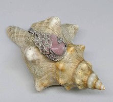 Rose quartz drop cabochon, Tibetan silver peacock socket pendant