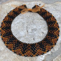 Black orange patterned lace pearl necklace, unique handmade pearl jewelry