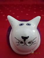 Lila csíkos porcelán cica, sószóró, átmérője 6 cm.